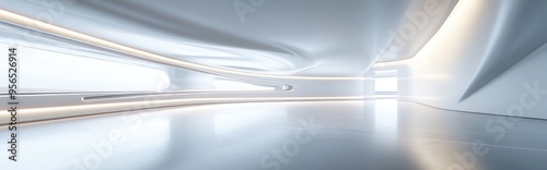 Abstract smooth white interior of the future with a night view enhanced by backlighting Architectural backdrop featuring 3D rendering