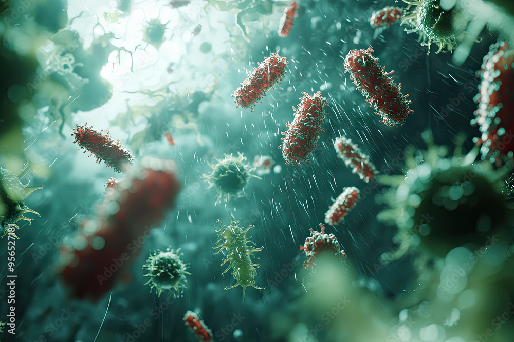 Naklejka premium A microscopic war: Antibiotics battling resilient bacteria. Witness the struggle for survival in this vibrant, detailed visualization.