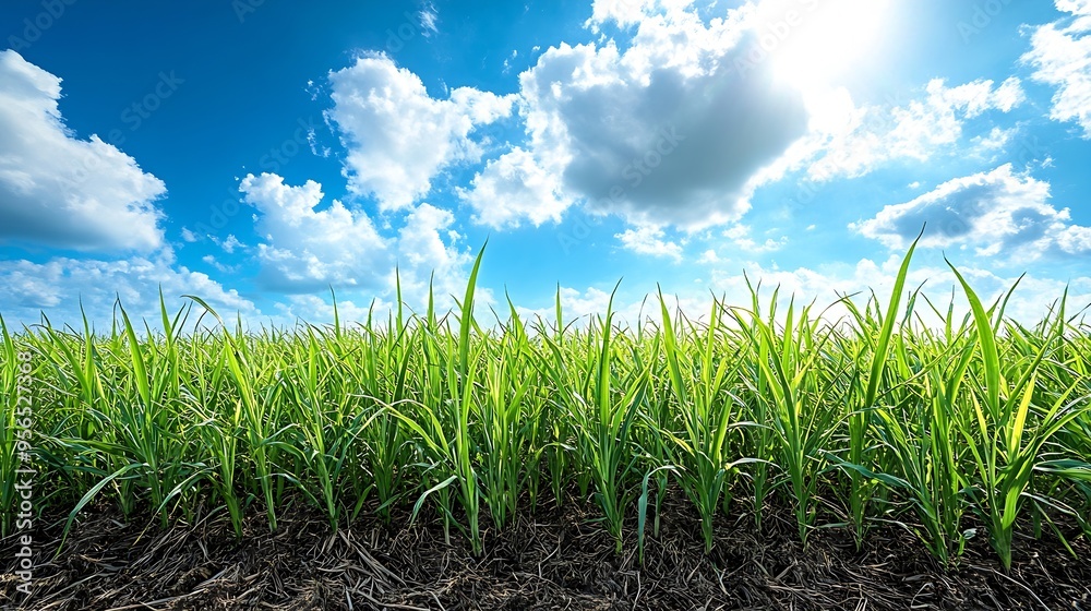 Obraz premium Agriculture Sugar cane plantation with blue sky background sugarcane is a grass of poaceae family Sugar cane plant tree in countryside for food industry or renewable bioenergy power pa : Generative AI