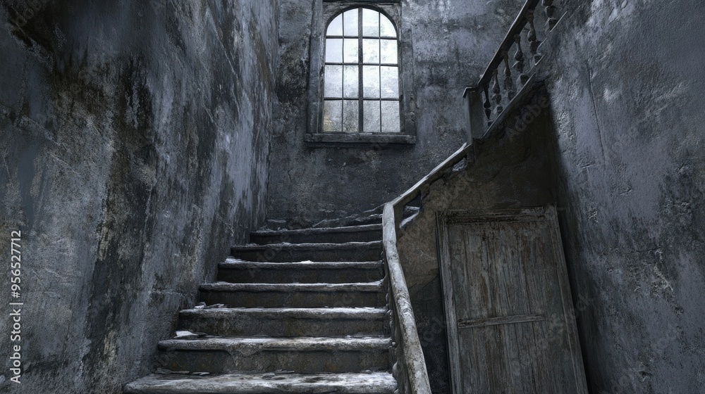 3D rendering of eerie aged stairs featuring an old window and unusual doors 3D rendering of eerie aged stairs featuring an old window and unusual doors