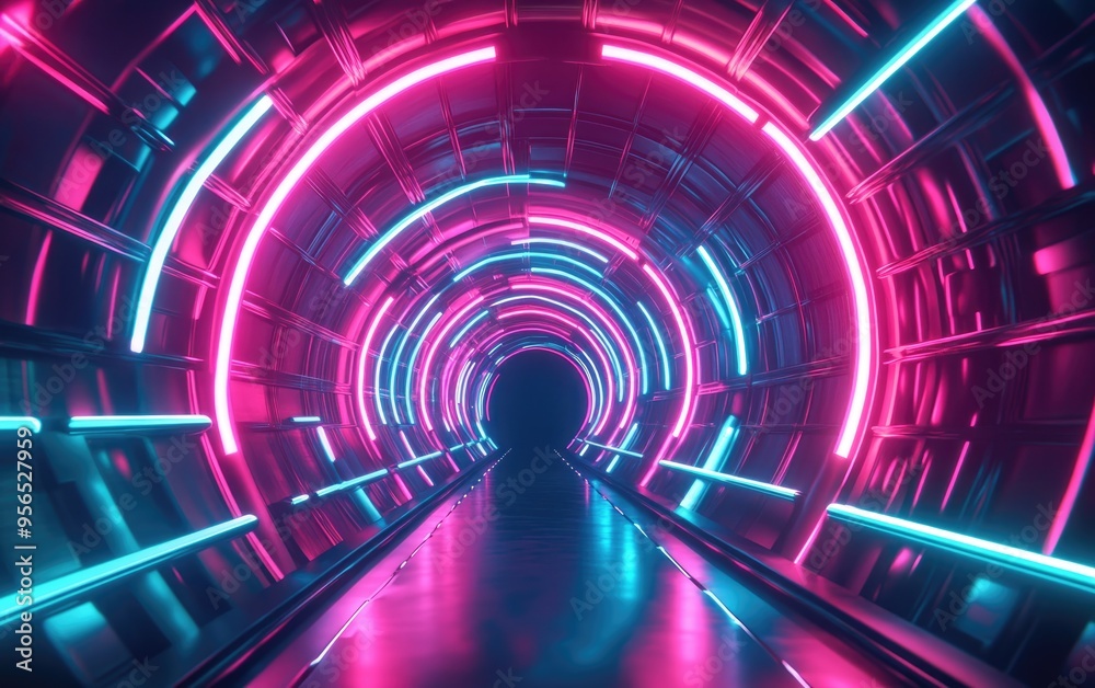 3D rendering of an abstract tunnel featuring vibrant pink and blue neon lights resembling a virtual reality environment with illuminated laser effects set against a black background 3D rendering of an abstract tunnel featuring vibrant pink and blue neon lights resembling a virtual reality environment with illuminated laser effects set against a black background