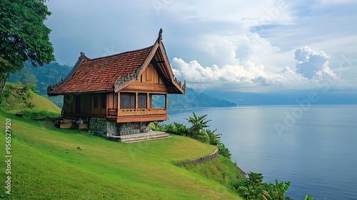 Traditional house on top of a hill on the edge of a lake Batak Traditional House on the shores of Lake Toba : Generative AI photo