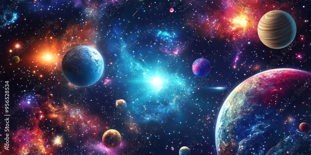 2D illustration in a vibrant 3D cartoon rendering featuring a deep interstellar space background with bright flashing stars planets moons and comets showcasing various creative science fiction bac 2D illustration in a vibrant 3D cartoon rendering featuring a deep interstellar space background with bright flashing stars planets moons and comets showcasing various creative science fiction bac
