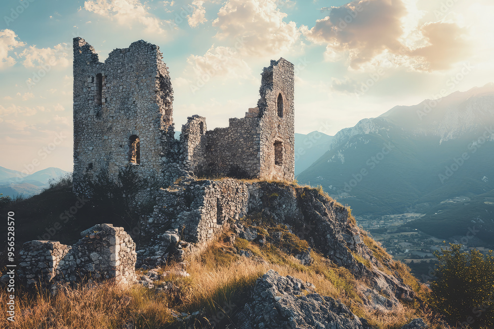 Obraz premium Timeworn Sentinel: A crumbling castle perched atop a rocky peak, silhouetted against a dramatic sky.