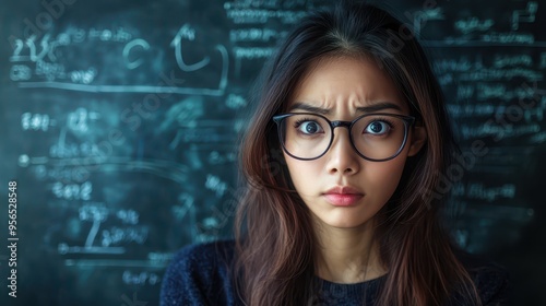 Asian woman with glasses, staring blankly at a complex math equation on a chalkboard, academic confusion