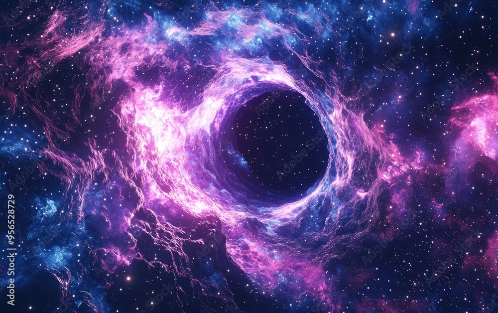 3D cartoon depiction of cosmic waves and a black hole in deep space featuring a nebula at the center of galaxy clusters amidst a backdrop of star constellations 3D cartoon depiction of cosmic waves and a black hole in deep space featuring a nebula at the center of galaxy clusters amidst a backdrop of star constellations