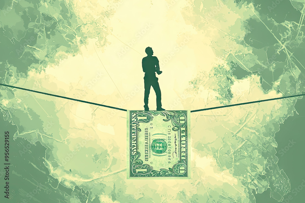 Fototapeta premium Balancing Act: A lone figure walks a tightrope strung across a single dollar bill, a poignant metaphor for navigating financial precarity.