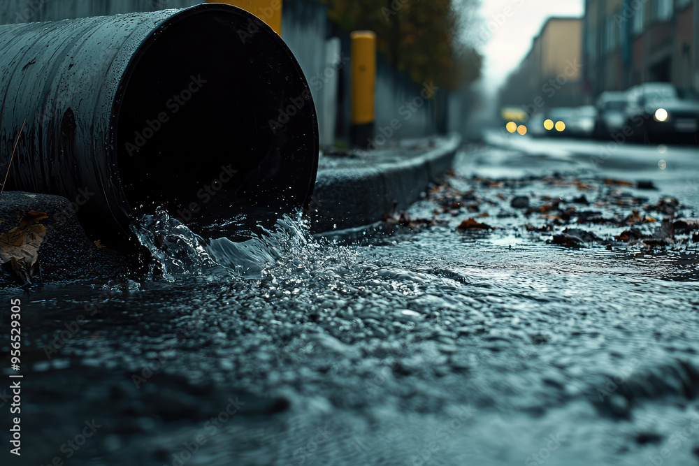 A Gushing Stream of Rainwater Fills the City Streets, a Serene Moment of Urban Renewal. A Gushing Stream of Rainwater Fills the City Streets, a Serene Moment of Urban Renewal.