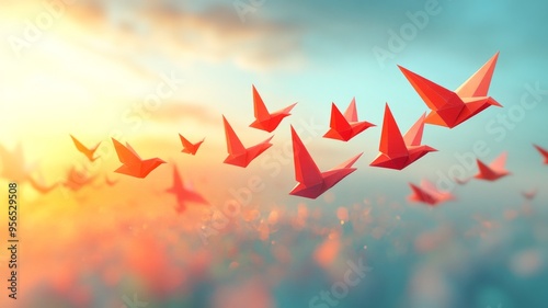 Origami, low poly of birds migrating east. Generative AI