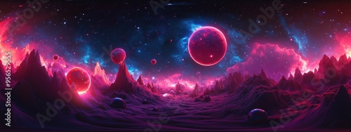 360 degree space background with nebula and stars depicted in a 3D cartoon rendering featuring equirectangular projection and an HDRI spherical panorama