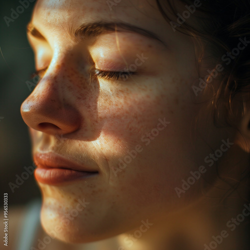 Woman's Freckled Face with Closed Eyes in Warm Sunlight