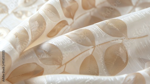 A close up of a white and tan fabric with a leaf design. photo