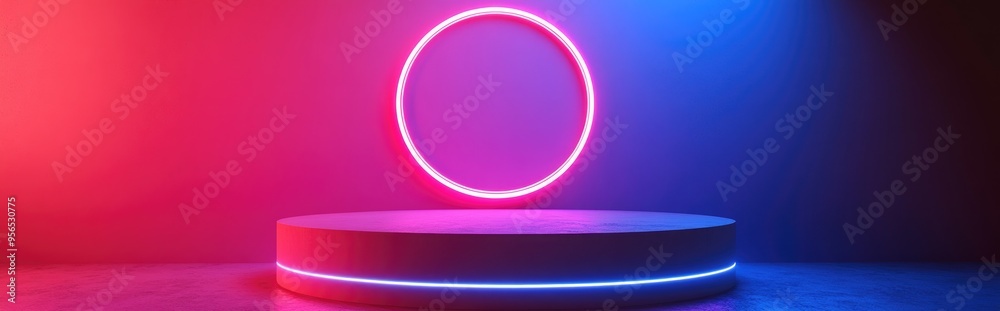 Obraz premium Neon lighting in pink and blue creates a vibrant backdrop for a vacant fashion podium with a luminous circular shape positioned overhead 3D render