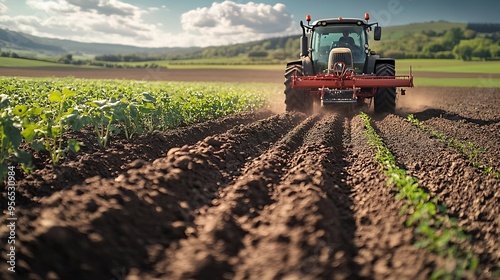 Large potato harvester pulled by a tractor processing a filed : Generative AI