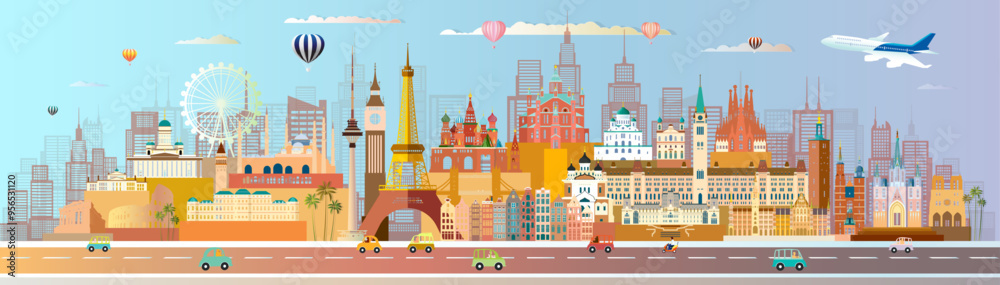 Travel landmarks Europe famous architectural and monument panorama, Colorful architecture silhouette monuments. Travel panoramic continent landmark of Europe. Big set of famous landmarks of the world. Travel landmarks Europe famous architectural and monument panorama, Colorful architecture silhouette monuments. Travel panoramic continent landmark of Europe. Big set of famous landmarks of the world.