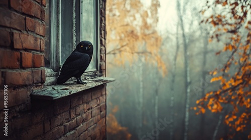 Black owl on window sill with autumn forest backdrop, fantasy art style. AI generated illustration. photo