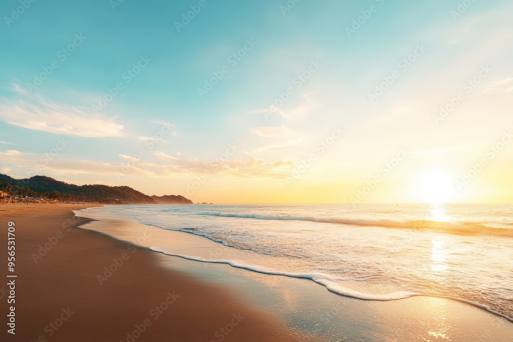 A Serene Sunset Over a Tranquil Beach, Inviting Travelers to Embrace Nature's Peaceful Beauty at Dusk's Golden Hour. A Serene Sunset Over a Tranquil Beach, Inviting Travelers to Embrace Nature's Peaceful Beauty at Dusk's Golden Hour.