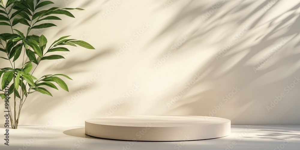 Product presentation pedestal featuring shadowed natural leaves on a light background 3D rendering Product presentation pedestal featuring shadowed natural leaves on a light background 3D rendering