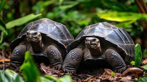 Couple of endemic Seychelles giant tortoise Aldabrachelys gigantea hololissa in Victoria Botanical Gardens : Generative AI photo