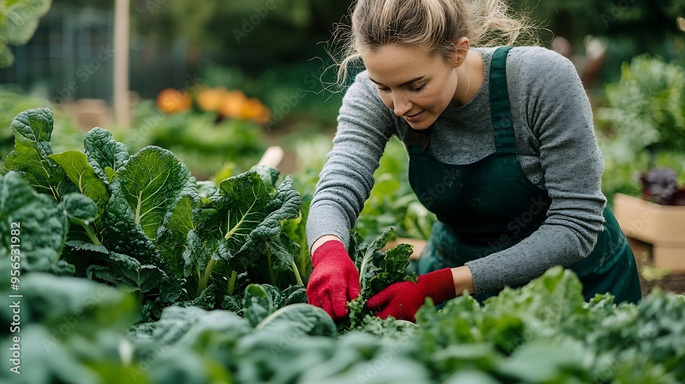 Fototapeta premium Woman harvesting chard from her vegetable garden : Generative AI