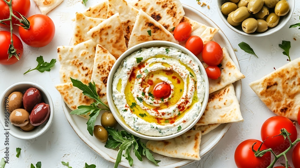 Mezze platter of pita bread surrounded by fresh tomatoes olives vegan tzatziki dip and hummus over a white rustic table Flatlay : Generative AI Mezze platter of pita bread surrounded by fresh tomatoes olives vegan tzatziki dip and hummus over a white rustic table Flatlay : Generative AI