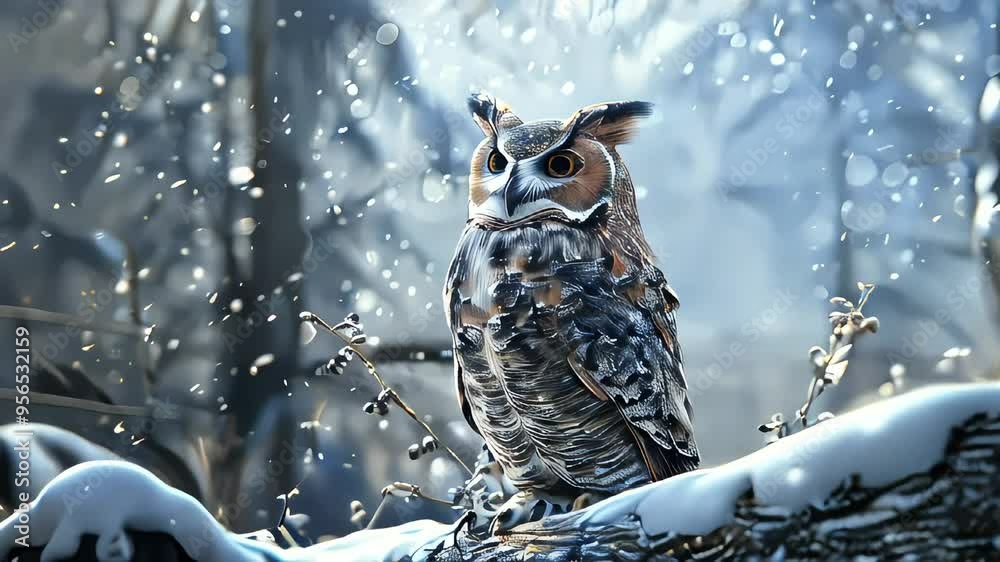 Video of Christmas large owl is standing in the snow, looking to the right. The scene is peaceful and serene, with the snow covering the ground and the owl blending in with its surroundings Video of Christmas large owl is standing in the snow, looking to the right. The scene is peaceful and serene, with the snow covering the ground and the owl blending in with its surroundings