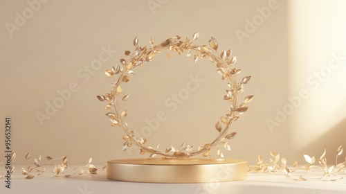 Empty podium featuring a golden wreath in a gold themed composition for a modern stage display and minimalist mockup representing the concept of Christmas and the festive New Year 3D illustration