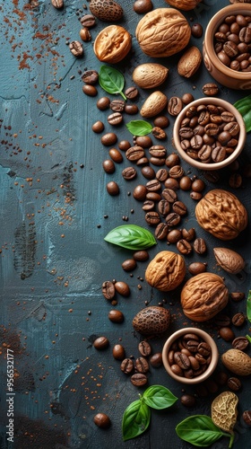 Roasted coffee beans and nuts on pastel background with texture. Aesthetic autumn theme with a copy space.