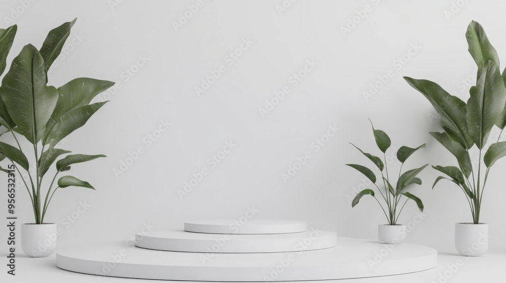 Clean white 3D space featuring round podiums for product presentation Podium setup for display or mockup Stage designed for showcasing products 3D rendering illustration for advertising purposes Clean white 3D space featuring round podiums for product presentation Podium setup for display or mockup Stage designed for showcasing products 3D rendering illustration for advertising purposes