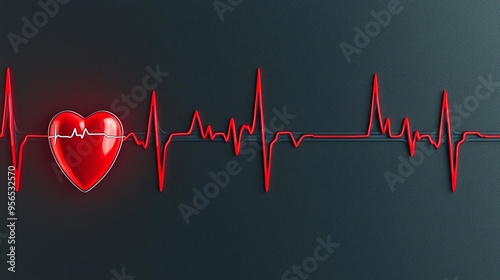 ECG pattern with heartbeat, red and black contrast, 3D illustration photo