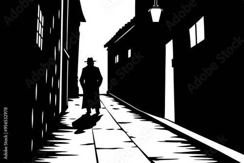 night man dark alley vector. silhouette black, street city, road white night man dark alley character. people flat cartoon illustration