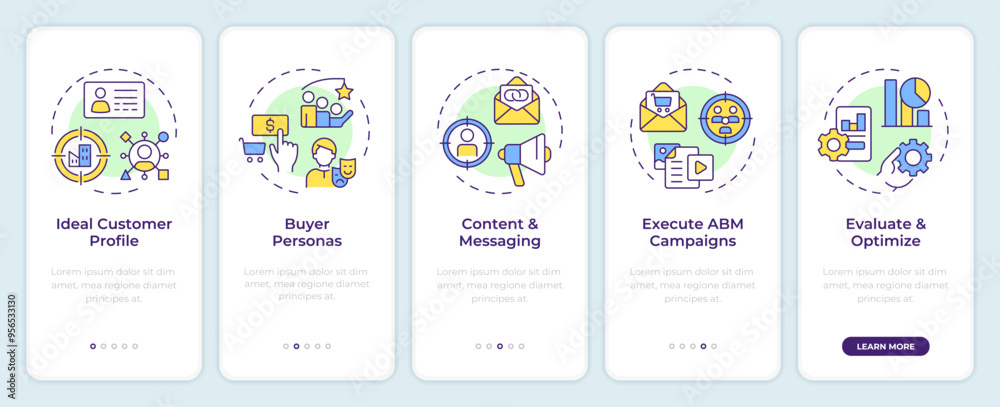 ABM success onboarding mobile app screen. Targeted marketing. Walkthrough 5 steps editable graphic instructions with linear concepts. UI, UX, GUI template. Montserrat SemiBold, Regular fonts used
