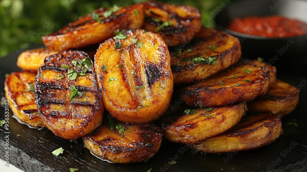 Caribbean plantains fried to golden brown on a white background