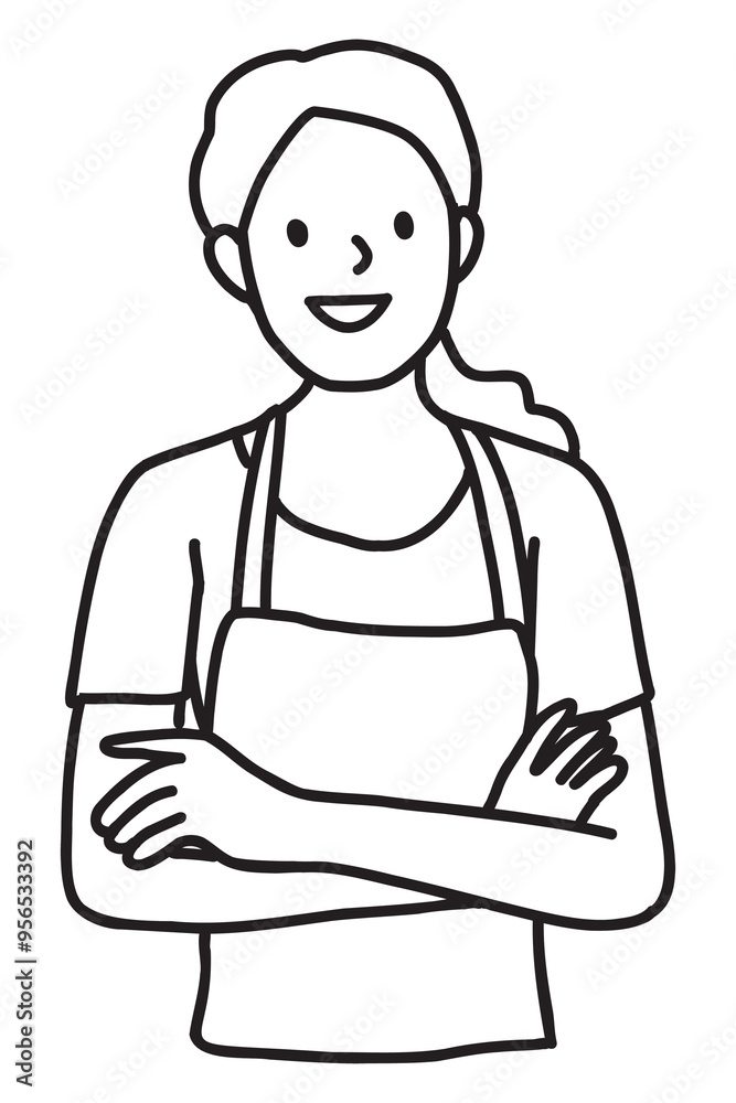 PNG Smiling young female cafe worker line art, collage element, transparent background PNG Smiling young female cafe worker line art, collage element, transparent background