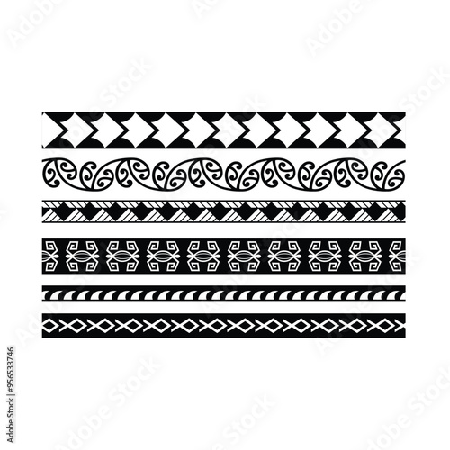 Polynesian pattern tribal tattoo border. Tribal tattoo geometric fore arm samoan band. Tattoo eps forearm samoan sleeve bracelet. Fabric seamless isolated hawaiian pattern on white background.