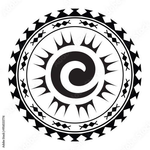 Polynesian tattoo tribal circle design. Samoan tattoo tribal frame circle border stencil.