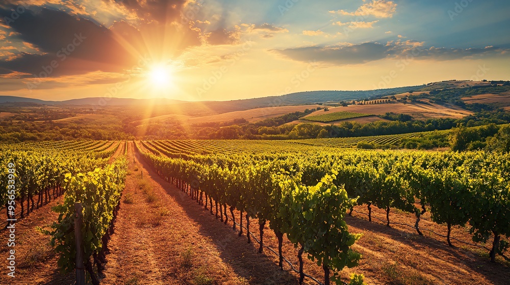Fototapeta premium A scenic view of a vineyard at sunset with rolling hills in the background.