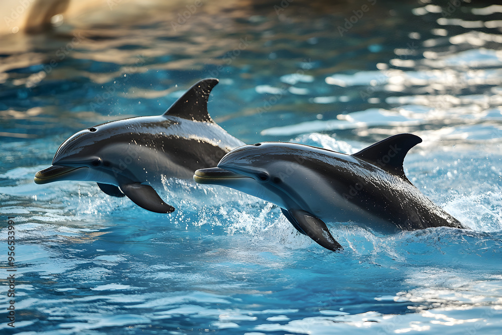 Obraz premium A pair of dolphins swimming in tandem through the water.