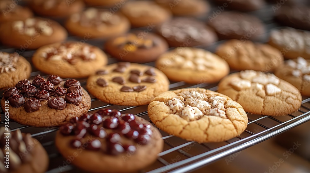 artisanal cookies cooling on wire rack variety of textures and flavors warm golden tones inviting homebaked atmosphere
