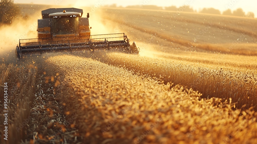 Fototapeta premium combine harvester at harvest in the field : Generative AI