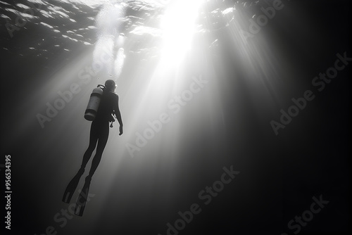 A solitary diver looking up at the faint sunlight above.