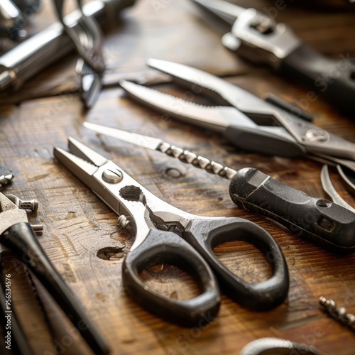 A Collection of Metal Scissors and Tools on a Wooden Tabletop