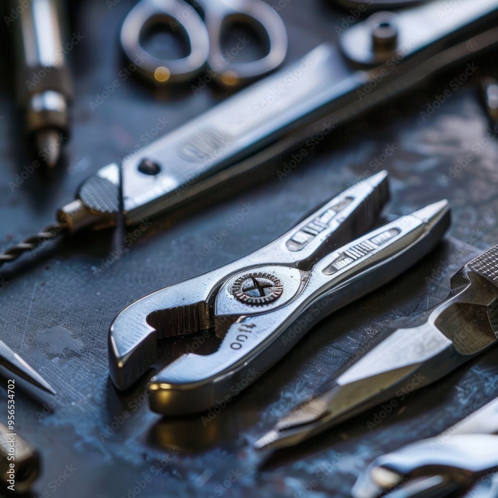 Fototapeta premium A Collection of Metal Scissors and Tools on a Wooden Tabletop