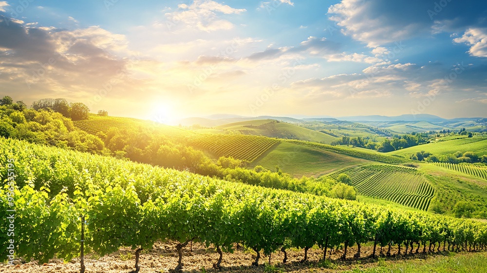 Fototapeta premium Rolling hills with vineyard rows at sunset.