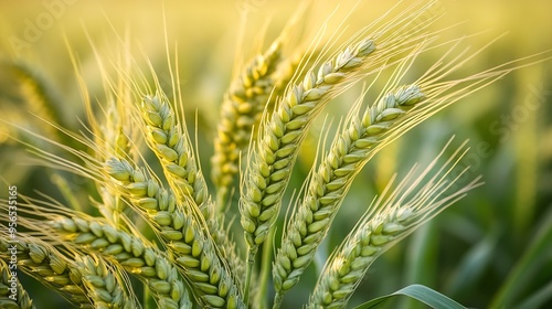 Juicy fresh ears of young green wheat on nature in spring summer field closeup of macro ripening ears of wheat field Green Wheat field blowing in the rural Indian fields Unripe wheat c : Generative AI