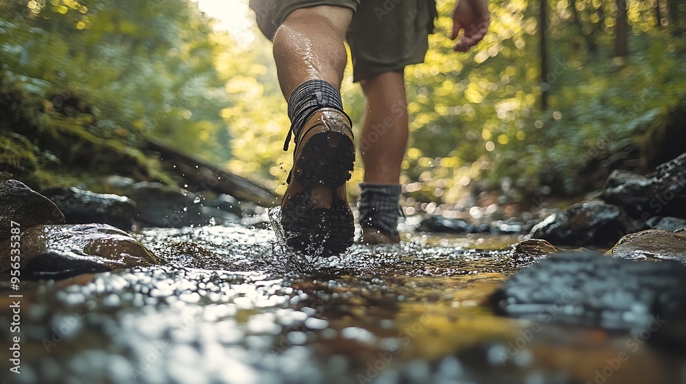 Male hiker crossing the stream barefooted walking by the creek with his shoes in hand adventure travel hiking trail forest : Generative AI Male hiker crossing the stream barefooted walking by the creek with his shoes in hand adventure travel hiking trail forest : Generative AI