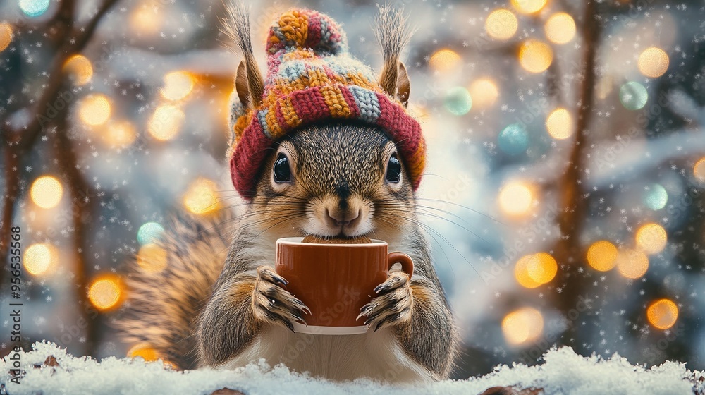 Fototapeta premium Cute Squirrel in Knitted Hat Drinking Cocoa in a Winter Forest with Snow and Colorful Lights for a New Year Postcard