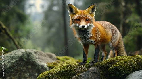 Portrait of a cute Red fox standing in the forest Single animal on the mossy rocks in wild nature : Generative AI photo