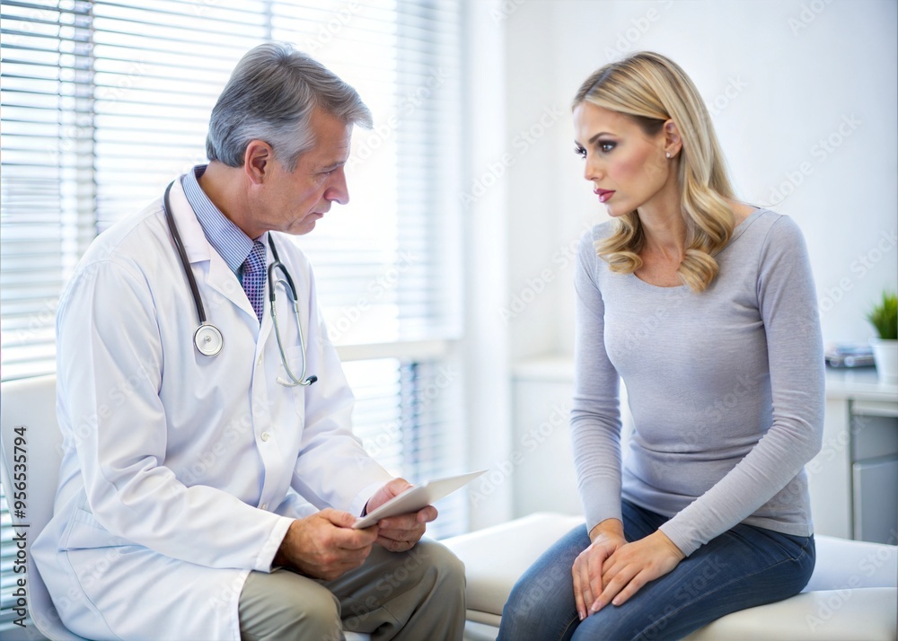Fototapeta premium Male doctor in white uniform consults female worried patient in clinic. Health care and medicine concept.