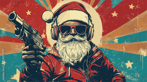 vector santa claus in headphones and sunglasses at a rave with rays in the background .Generative AI